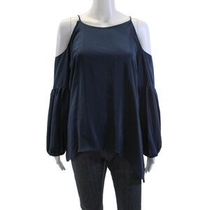 Aum-Couture Womens Silk Halter Cold Shoulder Long Sleeve Top Blue Size S